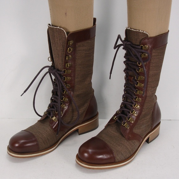 HELM 2843 BROWN LEATHER CANVAS LACE FRONT BOOTS 9 main image 8
